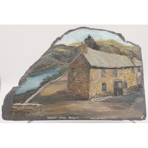 191 - Hand painted piece of Welsh slate, Llewelyn's Cottage, Beddelgert, Wales, on a metal stand, 49 x 35 ... 