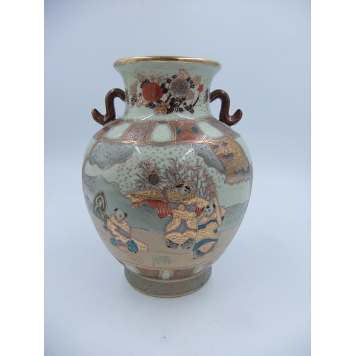 305 - Mid century Japanese Satsuma twin handled vase, H: 31 cm. Not available for in-house P&P