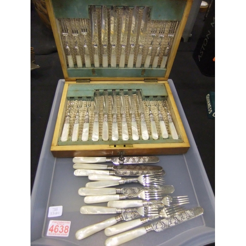 324 - Cased silver plated twenty four piece cutlery set with mother of pearl handles with twelve loose pie... 