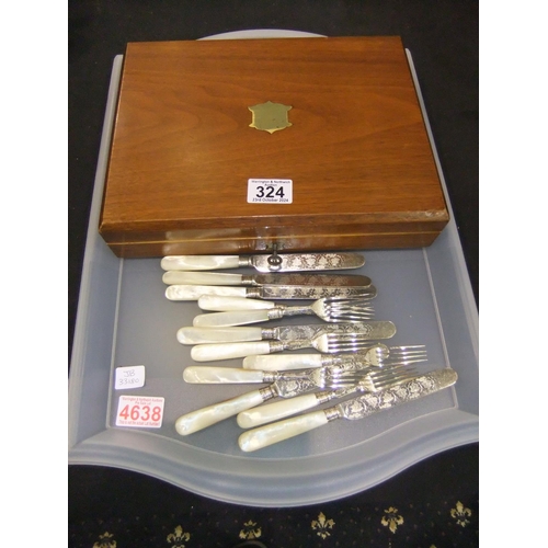 324 - Cased silver plated twenty four piece cutlery set with mother of pearl handles with twelve loose pie... 