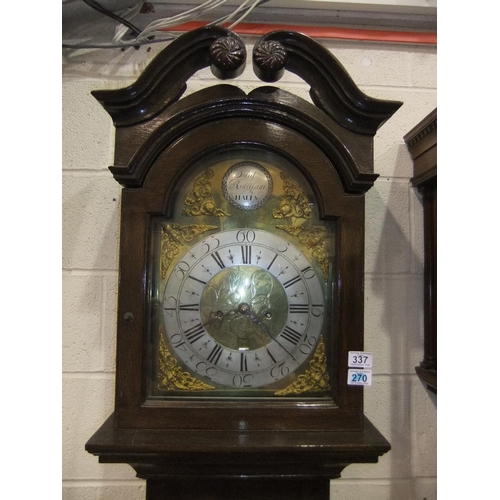 337 - George III mahogany long case clock with 45 cm brass and silvered dial, with corner mask and scroll ... 