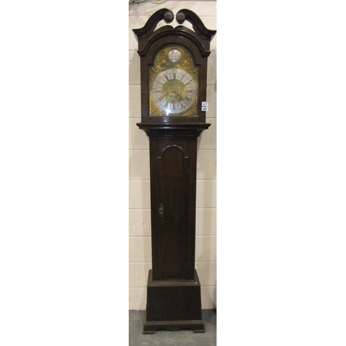 337 - George III mahogany long case clock with 45 cm brass and silvered dial, with corner mask and scroll ... 