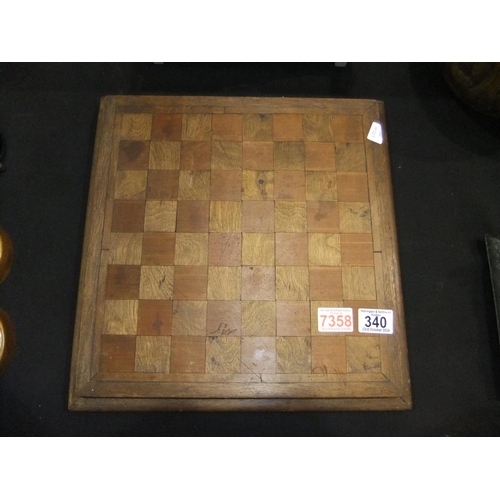 340 - Antique chess/draught board with set of draughts pieces contained within, 39 x 39 cm. Not available ... 