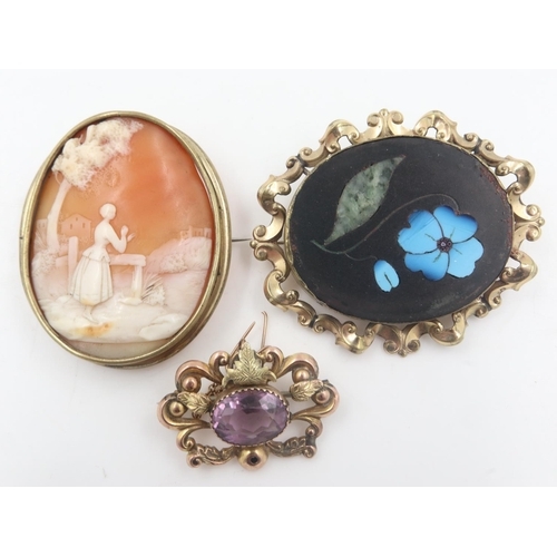 22 - Three Victorian pinchbeck stone-set brooches, including a pietra dura example. UK P&P Group 0 (£6+VA... 