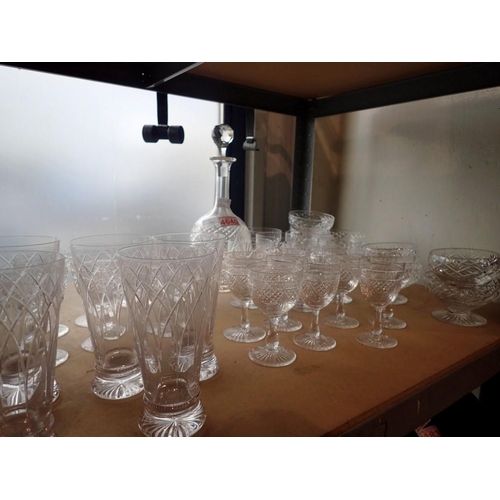 1226A - Shelf of glassware: decanter, aperitif glasses, hock glasses and sundae glasses. Not available for i... 