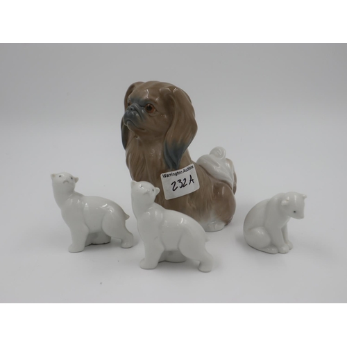 232A - Lladro Pekinese dog and three small Nao Polar bears, largest H: 15cm. UK P&P Group 2 (£20+VAT for th... 