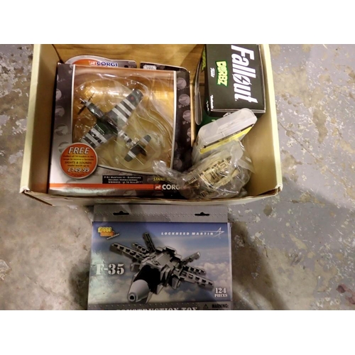 1026 - Boxed Corgi P51 Mustang, a Best Lock construction toy, Fallout POP, lead figures and a tank. Not ava... 