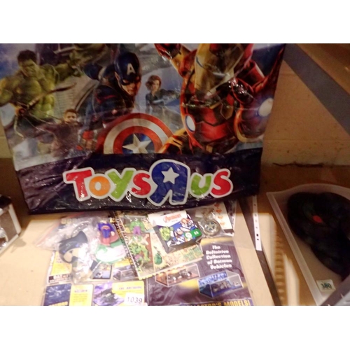 1039 - DC/Marvel Toys R Us bag, Batman and Superman laminates, McDonalds toys and keyrings. Not available f... 