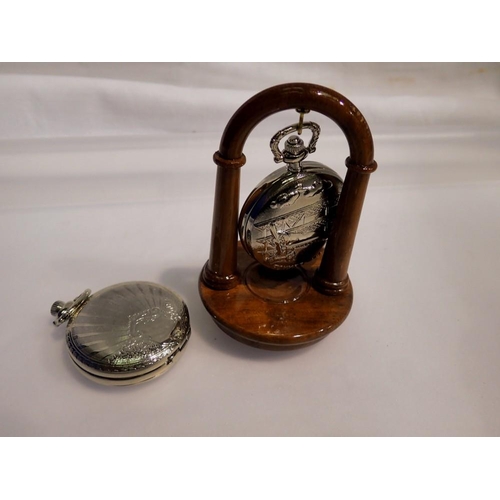 1072 - Two Pocket watches with one wooden presentation stand - working. UK P&P Group 1 (£16+VAT for the fir... 