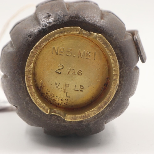 2193 - INERT WWI No 5 Mills Hand Grenade Dated Feb 1916. Maker Vickers Patents Ltd London, in good conditio... 