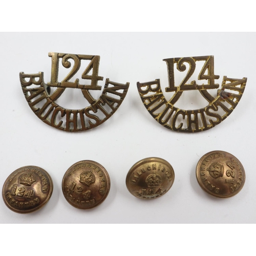 2242 - Four Buttons and two Shoulder Titles of the 124th Baluchistan Infantry. An Indian Army Regiment. The... 