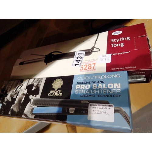 1431 - Boxed set of Nicky Clarke hair straighteners and a set of Boots styling tongs. Not available for in-... 