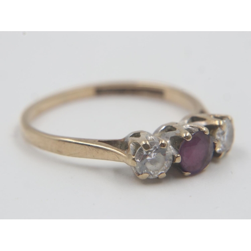 34 - 9ct gold ruby and cubic zirconia trilogy ring, size L, 1.5g. UK P&P Group 0 (£6+VAT for the first lo... 