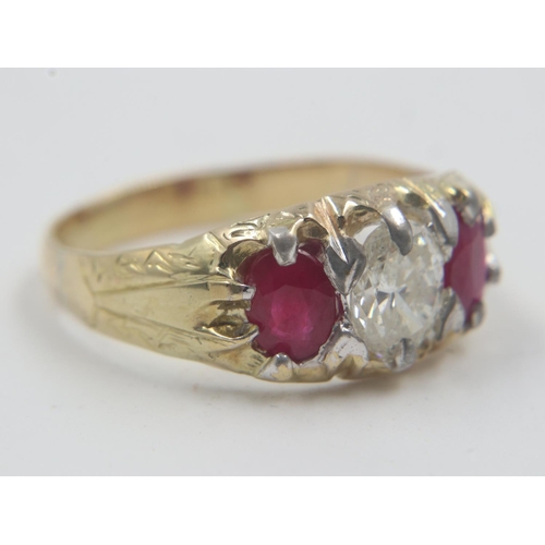 37 - 18ct gold, 0.7ct oval cut diamond and ruby trilogy ring, size O/P, 3.5g. UK P&P Group 0 (£6+VAT for ... 