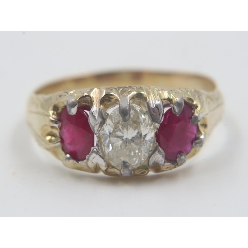 37 - 18ct gold, 0.7ct oval cut diamond and ruby trilogy ring, size O/P, 3.5g. UK P&P Group 0 (£6+VAT for ... 