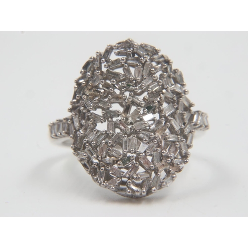 45 - Sterling silver and 1ct natural baguette cut diamond oval cluster ring, size R. UK P&P Group 0 (£6+V... 