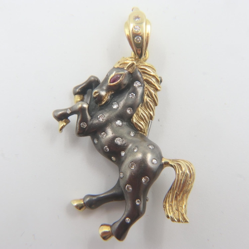 5 - 18ct gold, yellow and oxidized finish horse shaped pendant/brooch set with natural diamonds and ruby... 