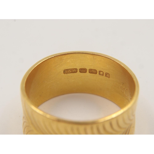 50 - Wide gauge 22ct gold band ring, unusually waisted, size P, 7.9g. UK P&P Group 0 (£6+VAT for the firs... 