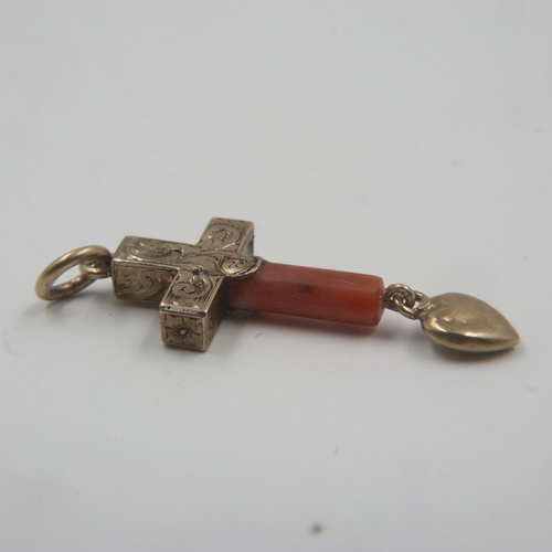 9 - Victorian 9ct gold and coral cross heart pendant, 1.0g. UK P&P Group 0 (£6+VAT for the first lot and... 