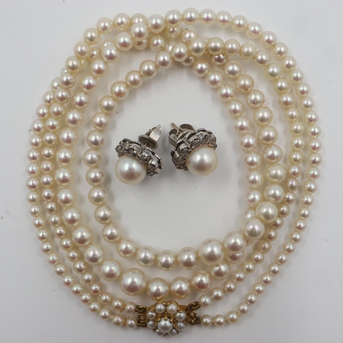 68 - Graduating pearl necklace with 9ct gold clasp, and a pair of pearl set stud earrings. UK P&P Group 0... 