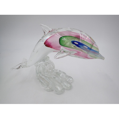 231 - Italian art glass dolphin, H: 18cm, with a green glass pedestal cakestand, D: 28cm. Not available fo... 