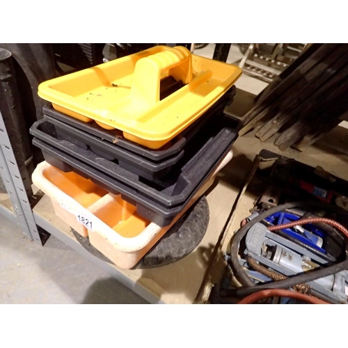 1821 - Six plastic trays and solid wheel barrow wheel. Not available for in-house P&P