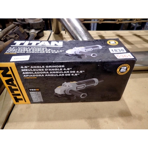 1838 - Titan 4.5 boxed angle grinder. All electrical items in this lot have been PAT tested for safety and ... 