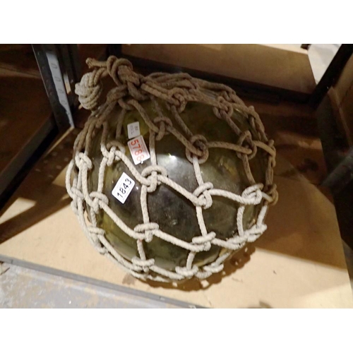 1843 - Large handblown green glass buoy/float in rope netting, D: 35 cm. Not available for in-house P&P