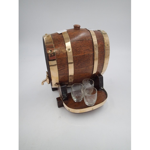 276 - French 1930s coopered sherry barrel on stand with original acid etched set of six glasses, H: 26 cm.... 