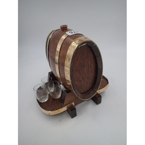 276 - French 1930s coopered sherry barrel on stand with original acid etched set of six glasses, H: 26 cm.... 