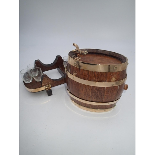 276 - French 1930s coopered sherry barrel on stand with original acid etched set of six glasses, H: 26 cm.... 