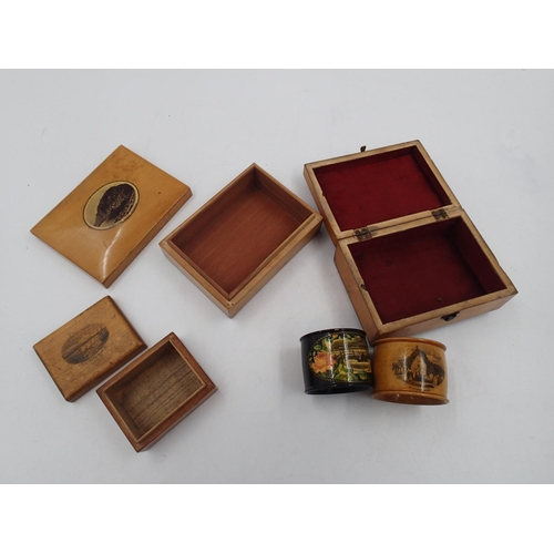 278 - Three Mauchline ware boxes and 2 napkin rings including black lacquered example. UK P&P Group 2 (£20... 