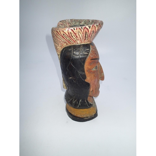 279 - Vintage tobacconist window display piece, in the form of a carved wooden native American bust, H: 33... 