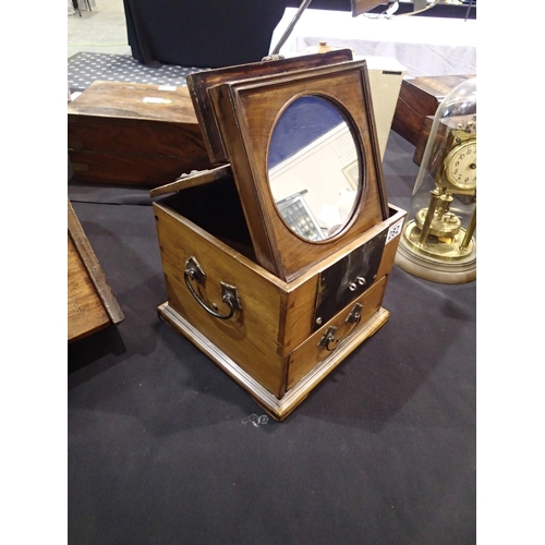 282 - Vintage pitch pine and brass campaign type shaving box/mirror, 26 x 26 x 20cm H. Not available for i... 