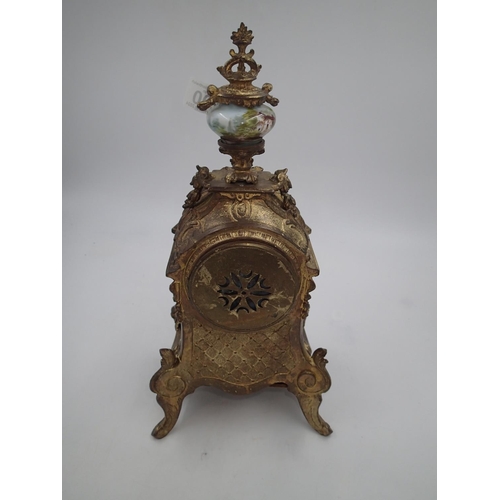 290 - French Ormolu mantel clock, with porcelain panels and finial, H: 41cm. Not available for in-house P&... 