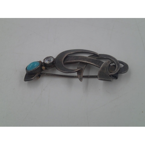 78G - Brooch set with diamond and turquoise, L: 48 mm. UK P&P Group 0 (£6+VAT for the first lot and £1+VAT... 