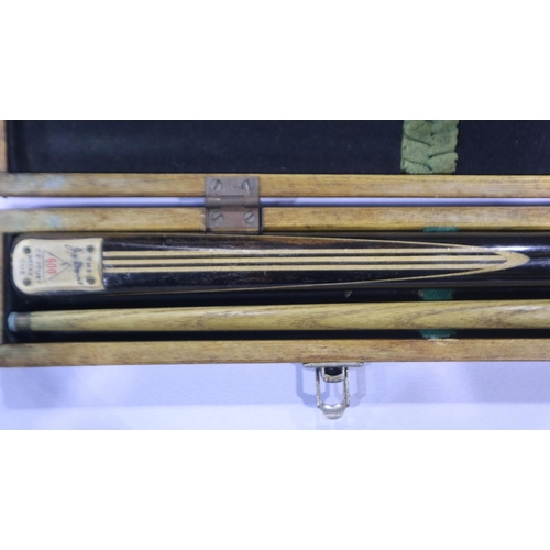 2056 - Two snooker cues in hard wood case to include Joe Davis 600 Century Break cue. Not available for in-... 