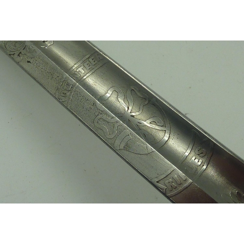 2171A - Scarce Victorian 1827 pattern Rifle Officers sword, the blade etched for the Volunteer Rifles, with ... 