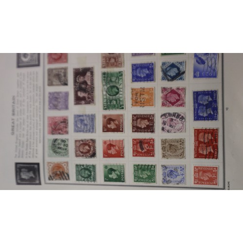 113 - Meteor stamp album of world stamps, with a Lincoln stamp album and a binder of Royal Mail collectors... 