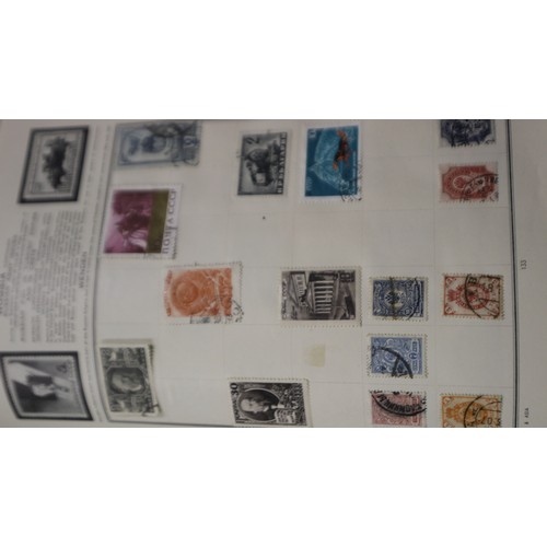 113 - Meteor stamp album of world stamps, with a Lincoln stamp album and a binder of Royal Mail collectors... 