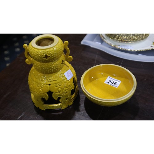 246 - Early 20th century Chinese oil burner, decorated in Imperial yellow glaze (cover absent), H: 21 cm. ... 