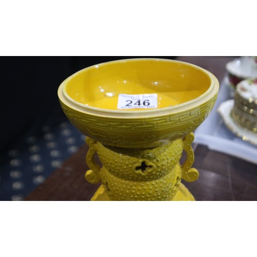 246 - Early 20th century Chinese oil burner, decorated in Imperial yellow glaze (cover absent), H: 21 cm. ... 