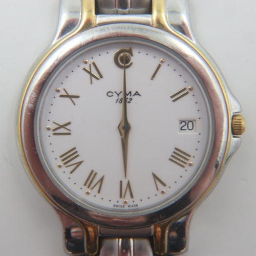 93 - CYMA: gents steel cased slim profile wristwatch, on a two-tone steel bracelet, requires battery, wit... 