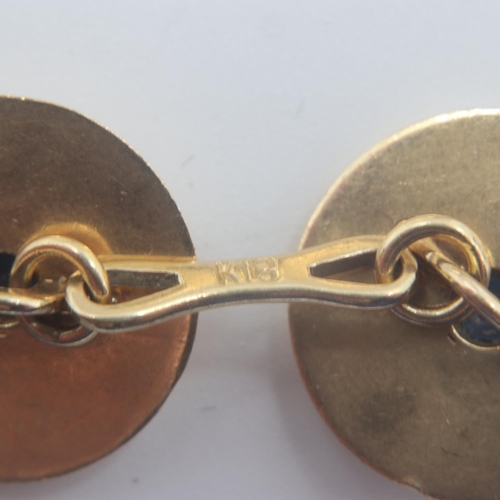 39 - Pair of 18ct gold circular cufflinks, each set with a sapphire, combined 11.7g. UK P&P Group 0 (£6+V... 