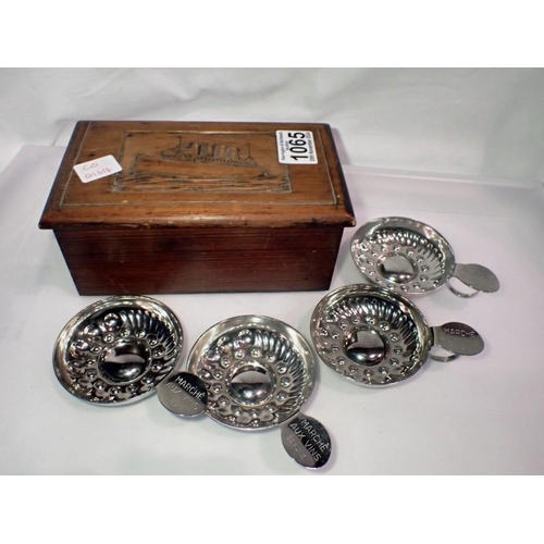 1065 - Wooden box attributed to the Mauretania and four engraved French wine tastevins. UK P&P Group 1 (£16... 