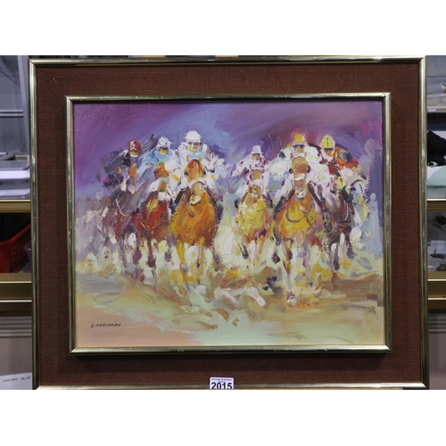 2015 - Jesus Margarido (Portugese b.1934): oil on board, facing aspect of racing horses with jockeys, image... 