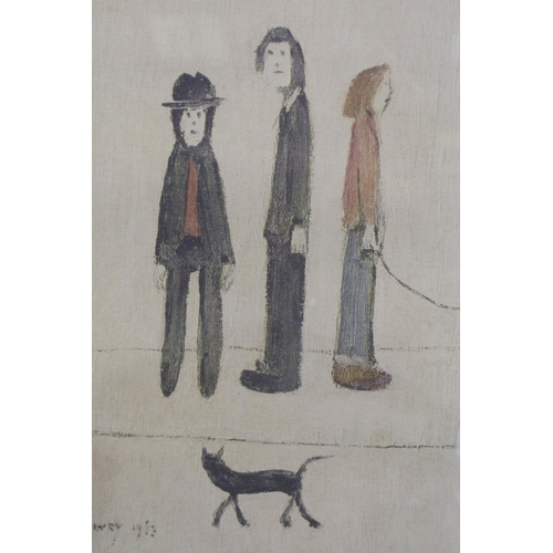 2016 - Laurence Stephen Lowry RBA RA (1887-1976): artist signed colour lithograph, Three Men and a Cat, sig... 