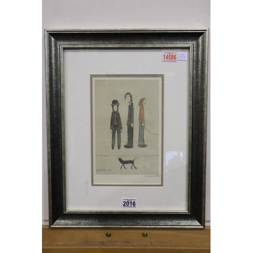 2016 - Laurence Stephen Lowry RBA RA (1887-1976): artist signed colour lithograph, Three Men and a Cat, sig... 