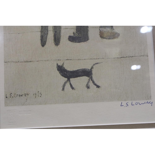 2016 - Laurence Stephen Lowry RBA RA (1887-1976): artist signed colour lithograph, Three Men and a Cat, sig... 