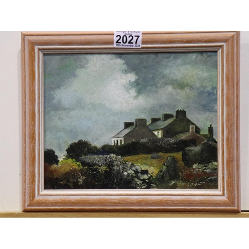 2027 - George J Drought (b.1940): oil on board, farm houses and rocky outcrop, image 24 x 19cm, overall 30 ... 